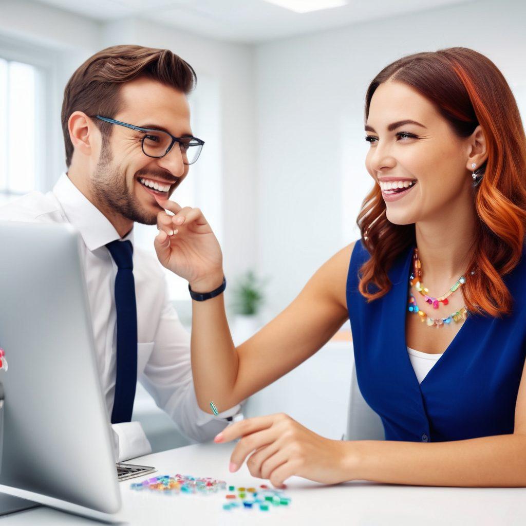 A joyful client interacting with a smiling customer service representative in a brightly lit, modern office environment. Include visual metaphors like glowing keys representing 'unlocking secrets' and a vibrant progress bar symbolizing transformation in customer experience. Use an overlay of abstract sparkles to convey delight and satisfaction. super-realistic. vibrant colors. white background.