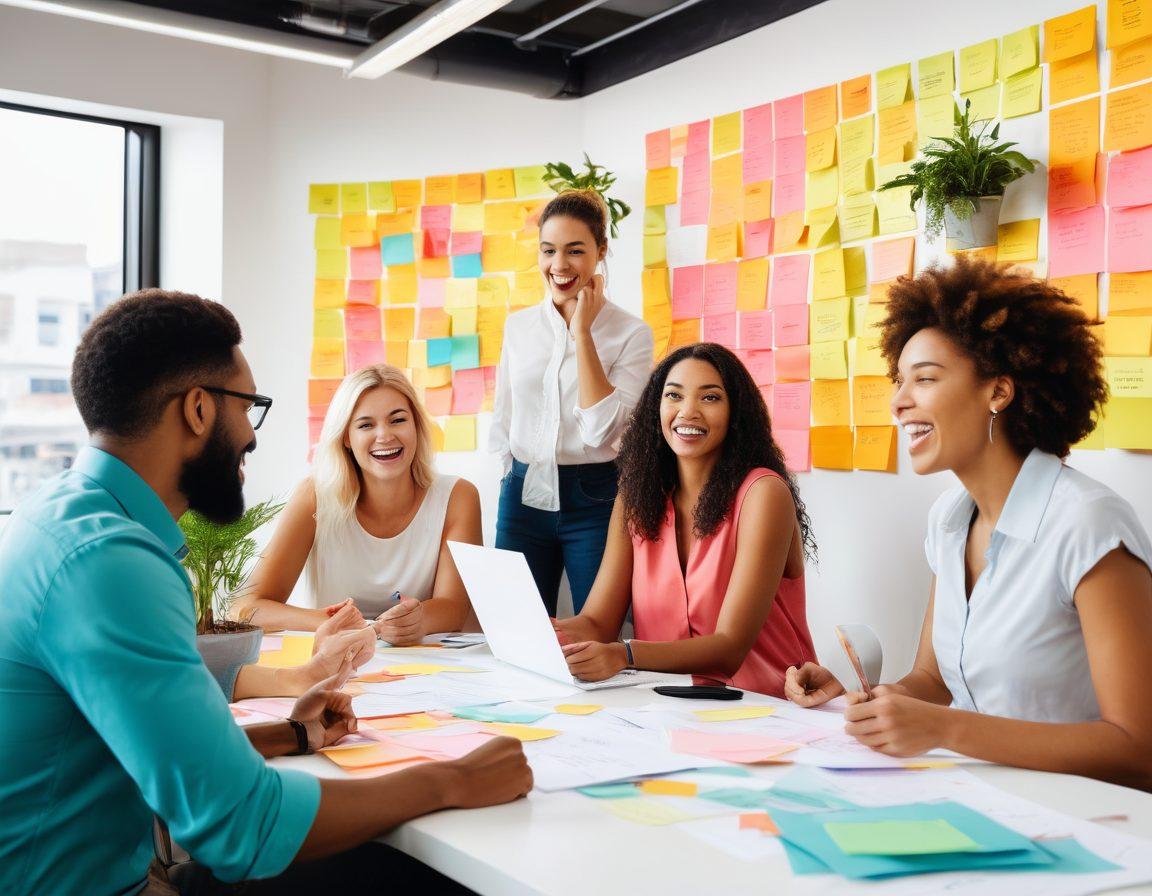A diverse group of professionals engaged in a lively brainstorming session, surrounded by sticky notes and feedback forms, with expressions of joy and collaboration. In the background, a large screen displays positive customer feedback and testimonials. Include elements such as vibrant colors, an office setting filled with plants and modern furniture to symbolize growth and positivity. super-realistic. vibrant colors. white background.