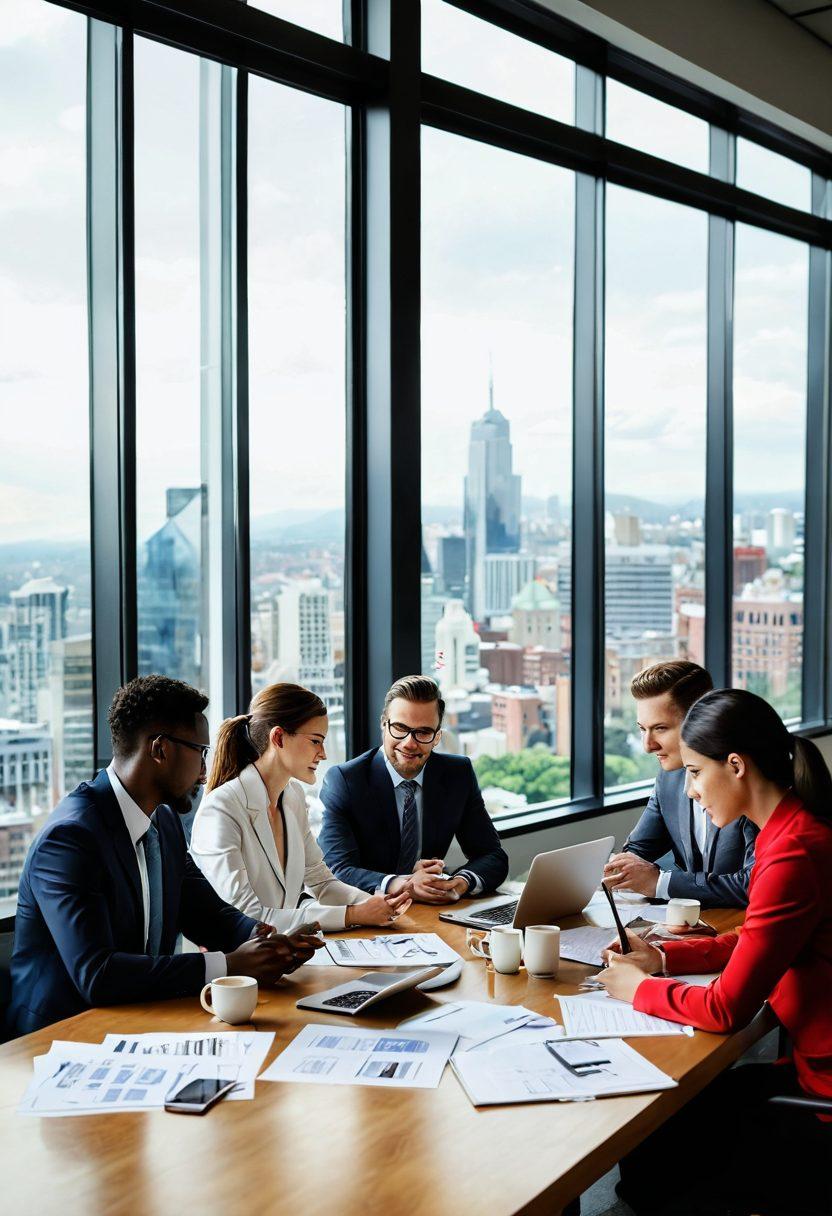 A diverse group of professionals engaged in a lively discussion around a table, showcasing teamwork and collaboration. Include elements like laptops, coffee cups, and notes, symbolizing strategic planning. In the background, a large window with a city view, reflecting a modern business setting. Add warm lighting to create an inviting atmosphere. vibrant colors. super-realistic.
